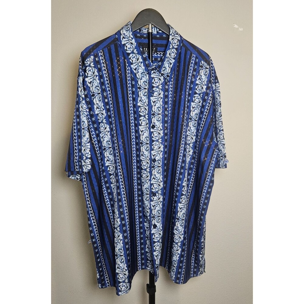 Pronti Shirt Mens 4XL Tall Blue Baroque Stripe Button Up Short Sleeve Retro